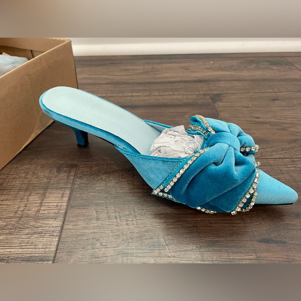 Aqua blue kitten heel velvet bow pumps with rhinestones